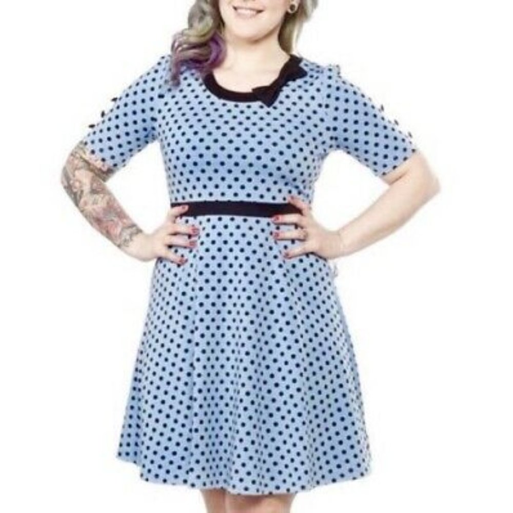 Sourpuss Blue and Black Betty Polka Dot Pinup Dress EUC
